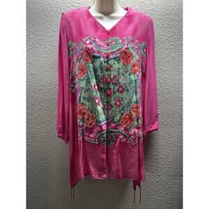 Diane Gilman Silk Blouse S Pink Floral Beaded Sheer Button Front Boho